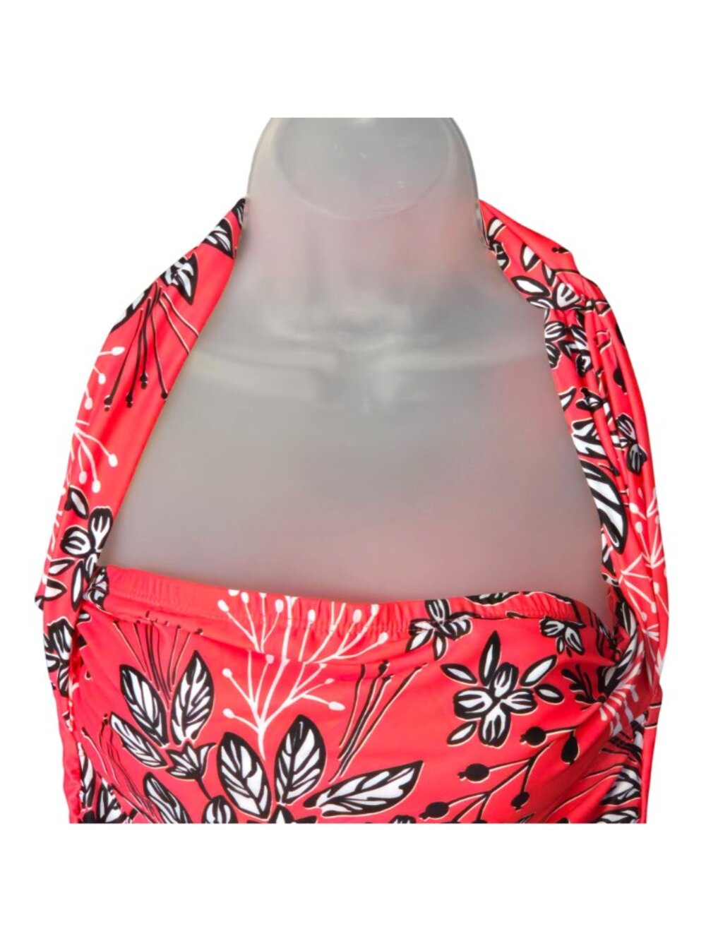 Floral Halter Tankini Top M Pink Black Ruched Lined Adjustable Coral Colored - Picture 2 of 8